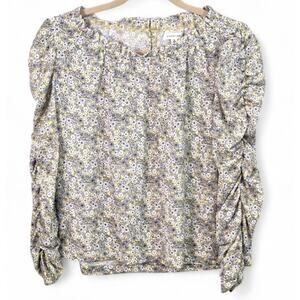 Max Studio Women’s Blouse Fairycore Cottagecore Yellow White Ruched Floral Top S